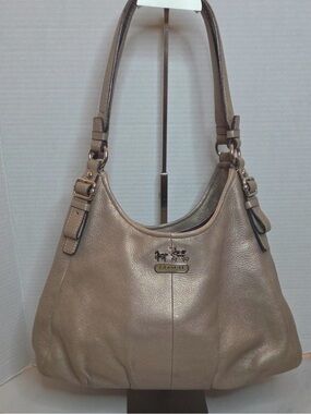 Coach Madison Maggie Metallic Taupe Leather Hobo Bag